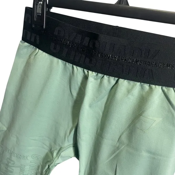 Gymshark Medium Green Leggings Black Waistband Stretchy‎ Logo Design - Image 2