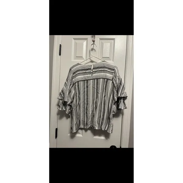 Loft Women Large Striped Floral Embellished Blouse 3/4 Ruffle Sleeve Top Black - Image 5