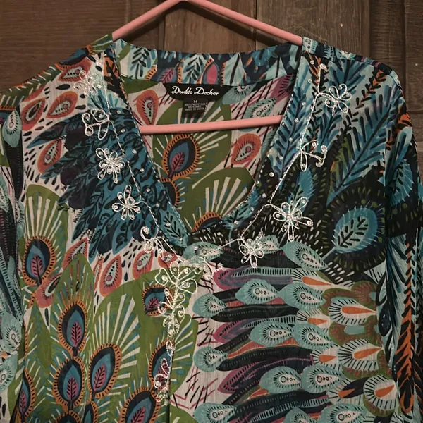 Double Decker Top Size M Sheer Tunic Beach‎ Cover Up Peacock Feathers Sequins - Image 5