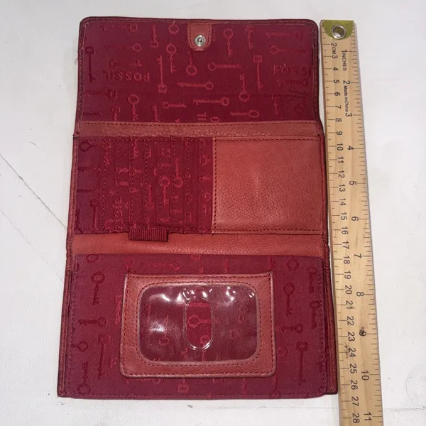Fossil Red Leather Wallet Long Live Vintage Cards Cash Coin Checkbook Zip & Snap - Image 7