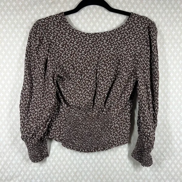 Abercrombie &‎ Fitch Brown White Floral Button Up Puff Sleeve Cropped Top - Image 7