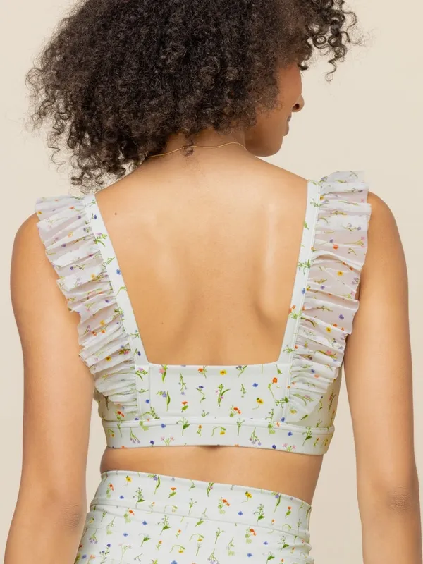 POPFLEX Romance Mesh Ruffle Sports Bra Meadow Floral Print Green XS NEW NWT - Image 2