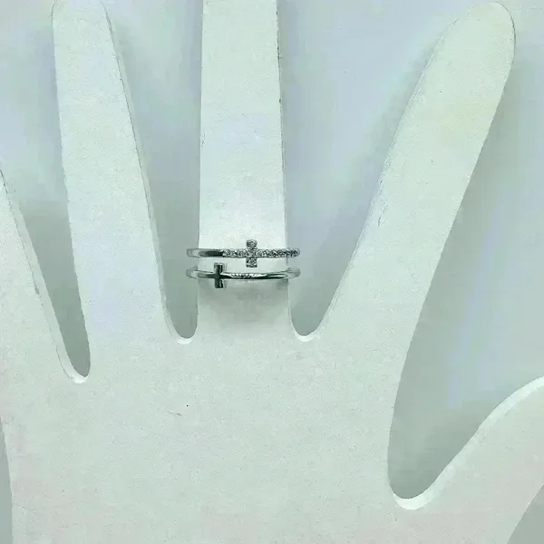 Silver Double Cross Rhinestones Ring Size 7 - Image 7