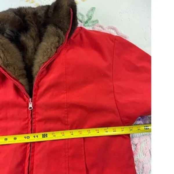 Vintage Red Fur Lined Bomber Jacket Heavy Winter Coat Real‎ Fur Trimmed Collar - Image 7