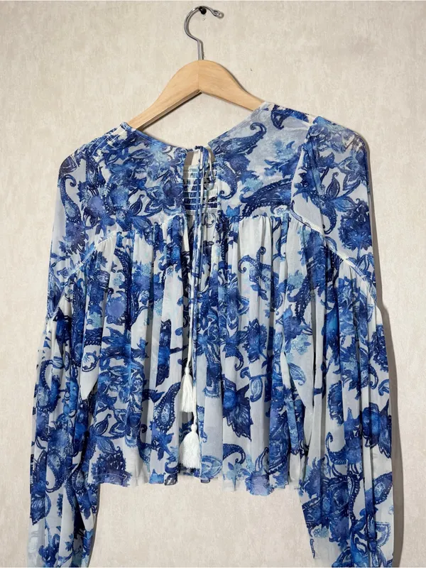 Free People Women’s Up For Anything Western Shirt Smocked Mesh Floral Blue S - Image 8