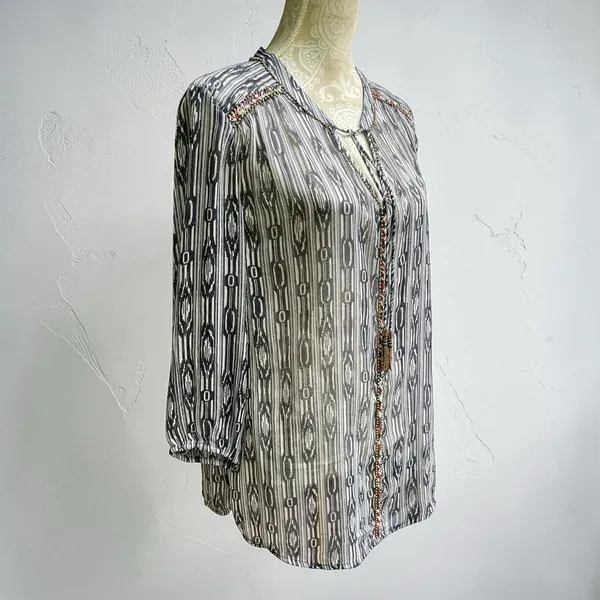 Charter Club Sheer Beaded Tassel Tunic Top XL Coastal Cowgirl Boho Navy White - Image 6