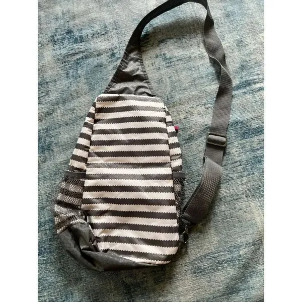 Thirty One Gray White Stripe Sling Crossbody Bag with Pink Accents - Image 2