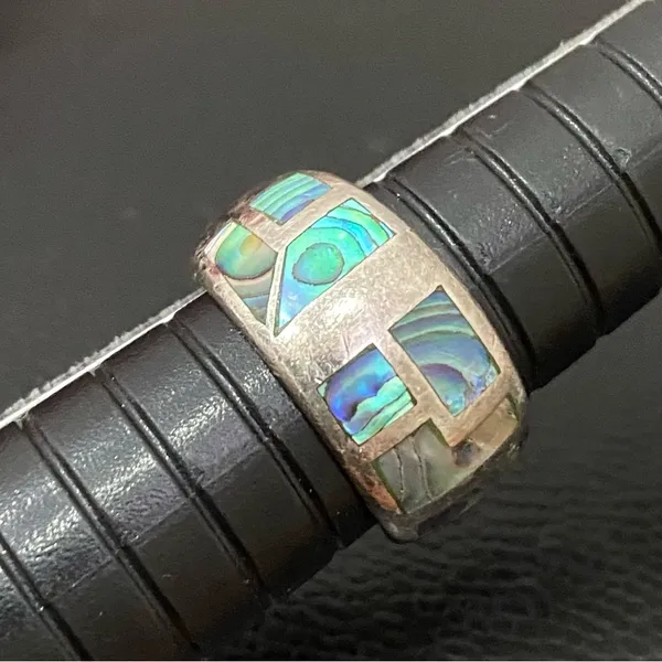 Vintage NE 925 Signed Sterling Silver Abalone Inlay Ring Band Size 6.5 5.9g - Image 10