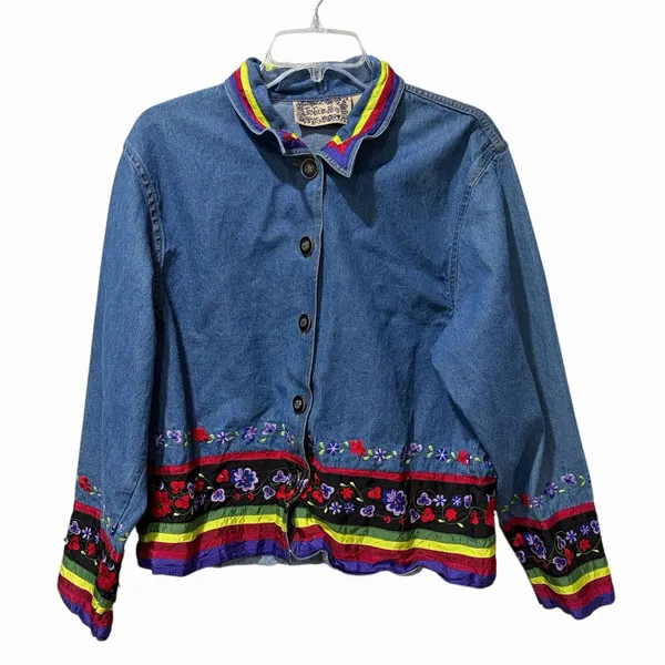 Tantrums Blue Denim Floral Embroidered Button‎ Up Jean Jacket Women's Medium VTG - Image 2