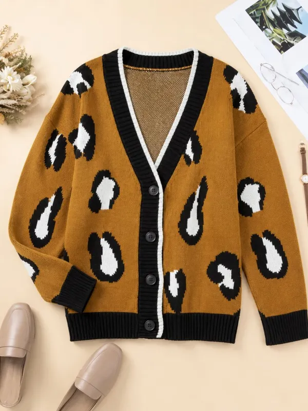 Leopard Print Oversized Button Front Cardigan Sweater Tan Black NWT - Image 5