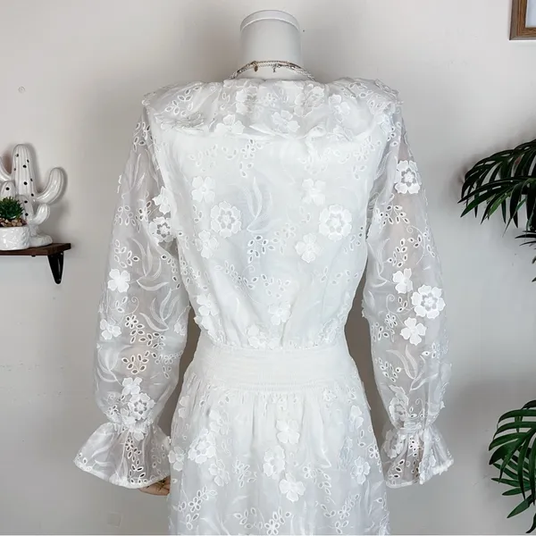 Elliatt Delphi Embroidered Lace Midi Dress in White Bridal Wedding Ready - Image 10
