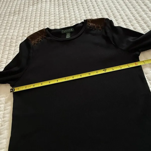 LAUREN Ralph Lauren 3/4 Sleeve Ribbed T Shirt Medium M Black Brown Patches - Image 5