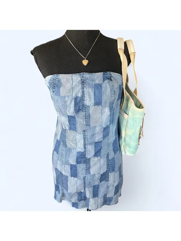 Wild Fable Y2K Coastal Fairycore Patchwork Denim Bodycon Mini Dress Size Medium 💙 - Image 2