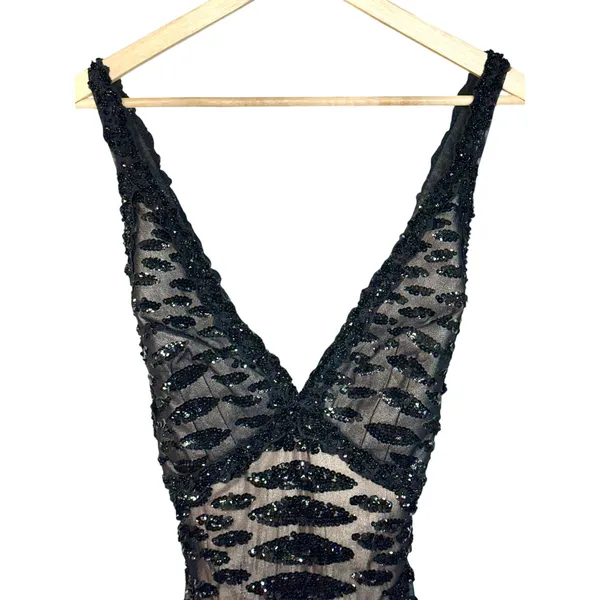 NWT Mandalay Black Silk Beaded Sequin Short Midi Evening Formal Dress Womens 4 - Image 2
