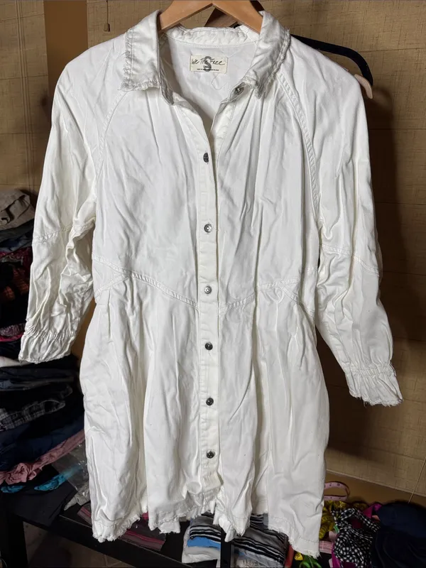 Free People We The Free Hannah Denim Mini Shirt Dress Cream Small Raw Hem Cotton - Image 7