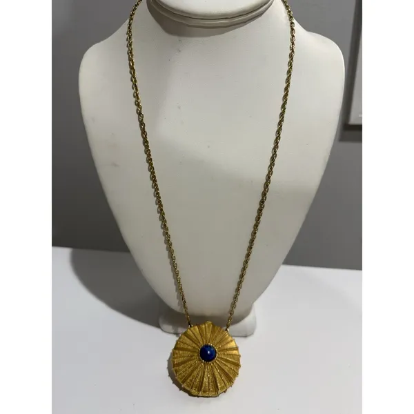 Estée Lauder 1973 Empty Perfume Dew Lapis Lazuli‎ Pendant Gold Tone Necklace - Image 2