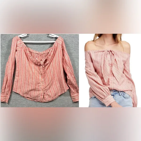 Free‎ People Hello There Beautiful Off Shoulder Striped Top Linen Blend - Image 2
