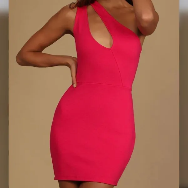NWT Lulus Down to Party Hot Pink One-Shoulder Cutout Bodycon Mini Dress with sli - Image 3