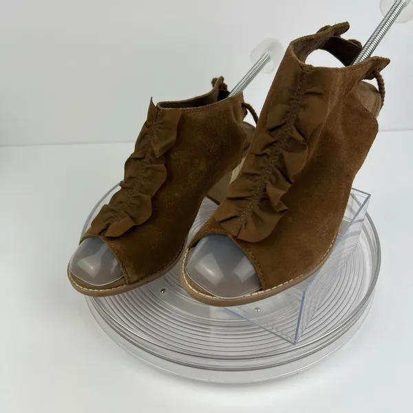 Toms Womens Sandals SZ 8 Elba Brown Suede Open Toe Block Heel Tie Back‎ Ruffle - Image 2