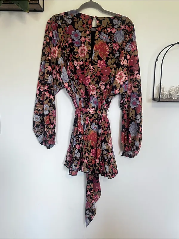 Showpo Floral Print Long Sleeve Belted Boho Mini Dress Size 4 - Image 2