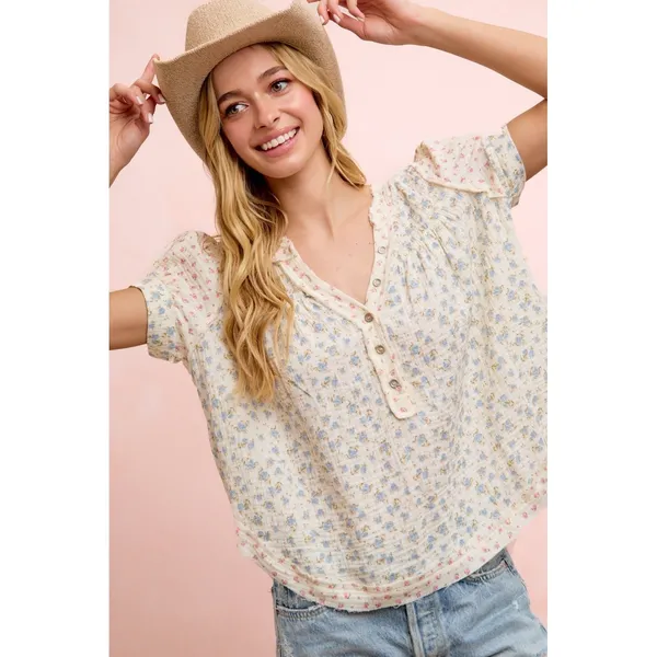 BiBi Floral Crinkle Neckdrop Short Sleeve‎ Blouse Top - Large - Image 5