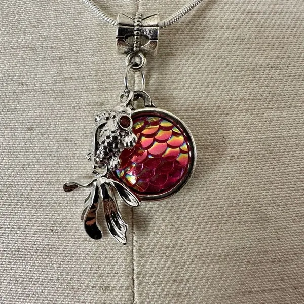 Silver tone fish pink disc charm necklace Silver - Image 2