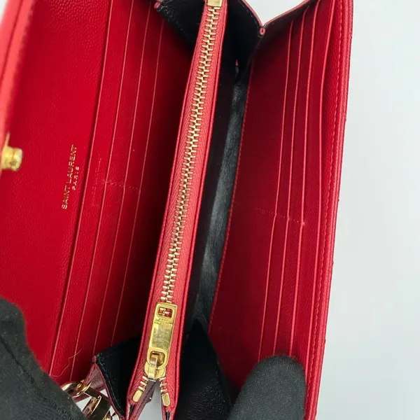 Yves Saint Laurent YSL Monogram Chevron Leather Clutch Crossbody Wallet with Chain Red - Image 6