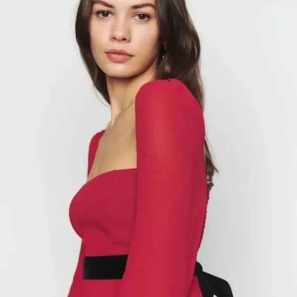 Reformation Silves Mini Dress In Poinsetta Square Neckline Mini Dress w/ Tags - Image 3