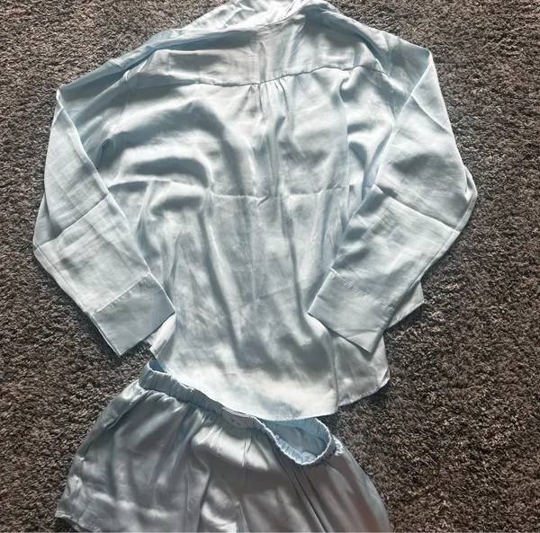 For Love & Lemons Light Blue Satin Pajama- Button-Front Top & Shorts - Image 6