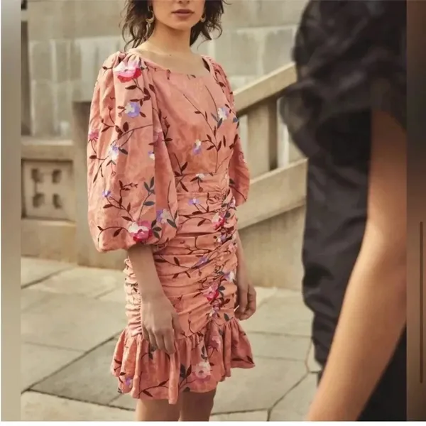 ByTimo Ruched Floral Embroidered Jacquard Dress Balloon Sleeves Coral Size XS - Image 15
