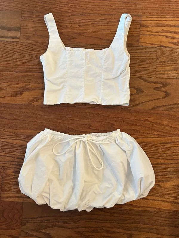 MISSGUIDED White Corset Tank Top Bubble Hem Mini Skirt Matching Set Size XS - Image 7