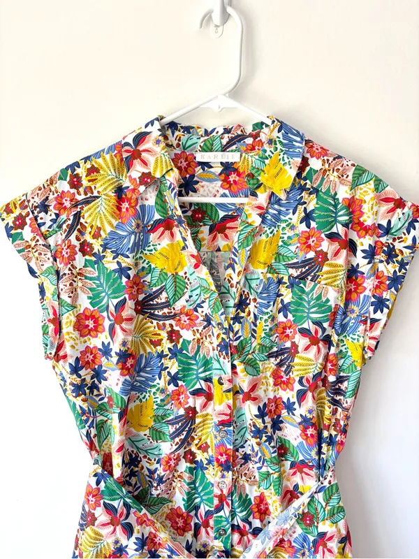 Karlie Mutli Floral Colorful Tropical Cotton Mini Dress Short Sleeve Faux Wrap - Image 2