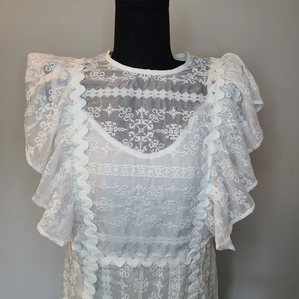Beulah Style Exquisite Lace Long Midi Dress Medium White Bridal Cottage Prairie - Image 2