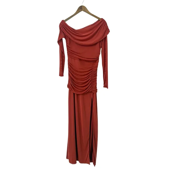 Lulus Darla Rust Red Mesh One-Shoulder Long Sleeve Maxi Dress size Large NWT - Image 3