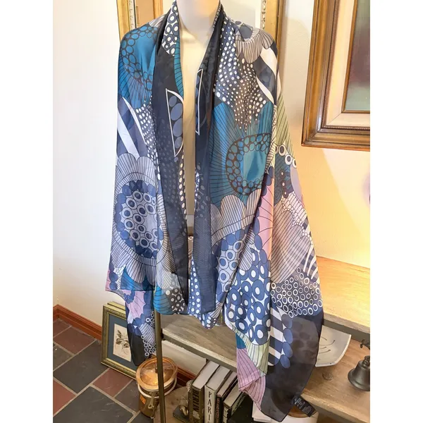 Silk Blend Square Scarf Teal Blue Pink Mod Floral Geometric Lightweight - Image 2