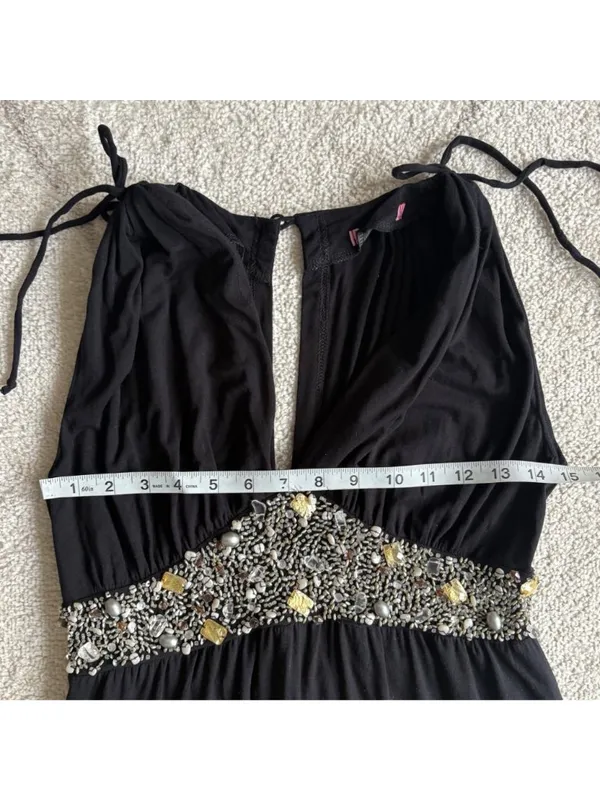 Black Embellished Empire Waist Dress Beaded Tiered Skirt with Tie Straps - Image 4