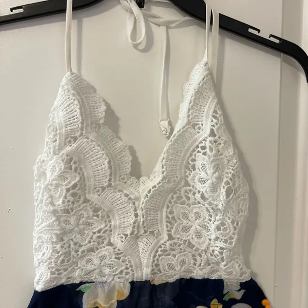Lace Top Halter High Low Maxi Dress Womens Size Small Navy Blue Floral Wrap Skir - Image 5
