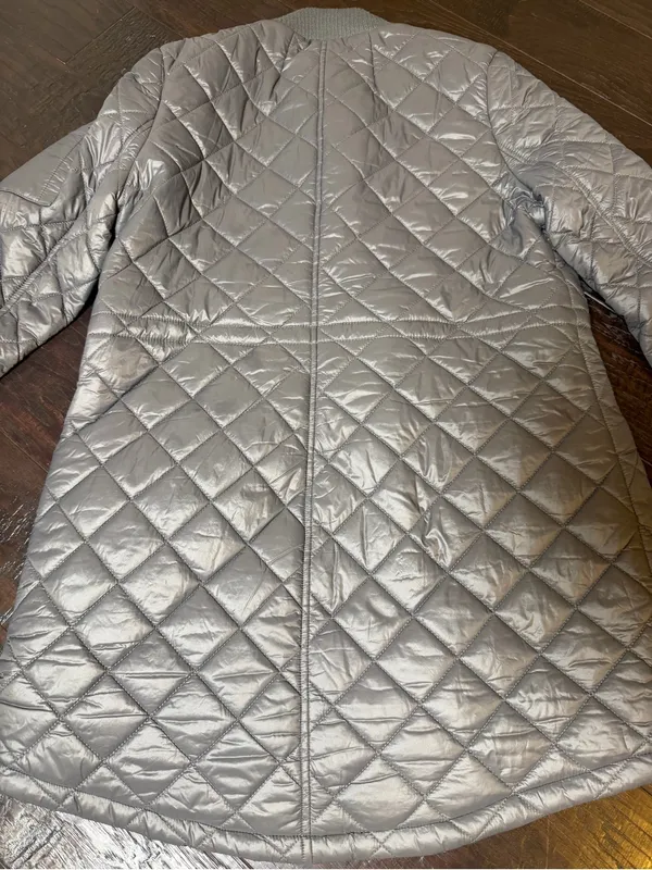 French Connection Large Silver Quilted Longline Bomber Jacket Coat - Image 5