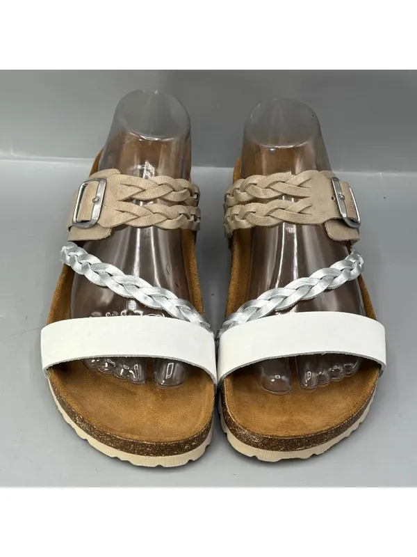 Biostep Slides Sandals Womens 9 White Silver Beige Braided Straps Slip-On Shoes - Image 2