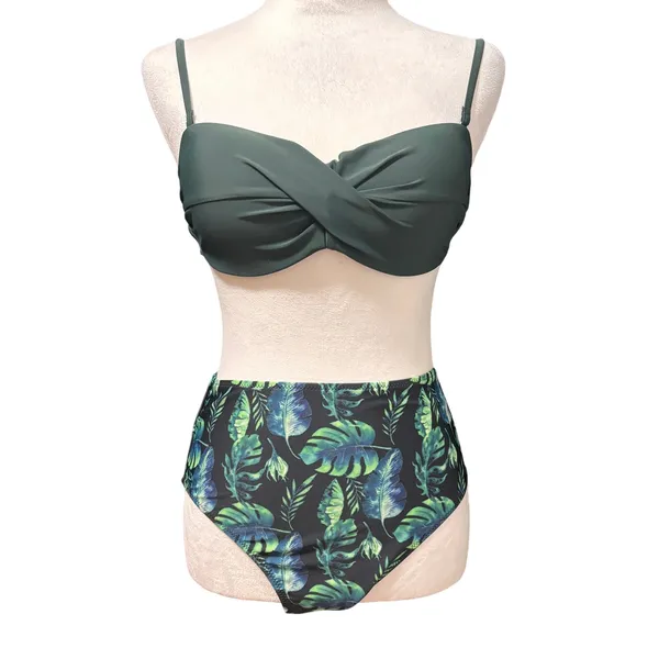 NWT Cupshe Full of Green Bikini Swimsuit Set Womens S Green Tropical High‎ Waist - Image 2