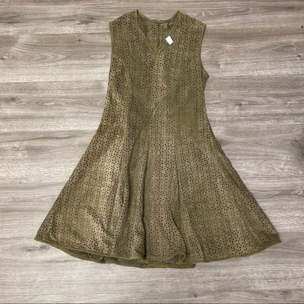 Olive Green Laser Cut Faux Suede Fit & Flare Dress Small - Image 6