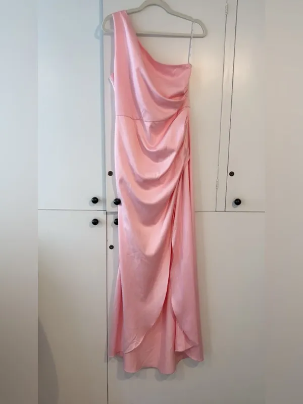 Elliatt Pink Satin One Shoulder Maxi Dress Draped Slip Gown Formal Size L - Image 3