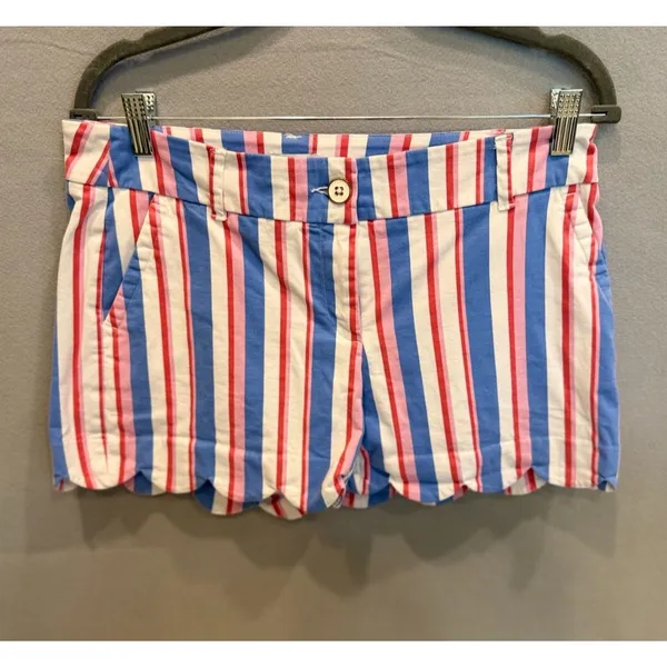 Crown & Ivy Shelby Scalloped Hem Shorts Womens 4 Pink Blue Stripe Preppy Coastal - Image 2