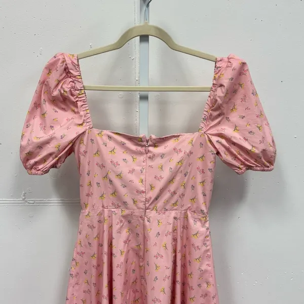 House of CB Pink Floral Puff Sleeve Midi Dress Front Slit Cottagecore Medium - Image 7