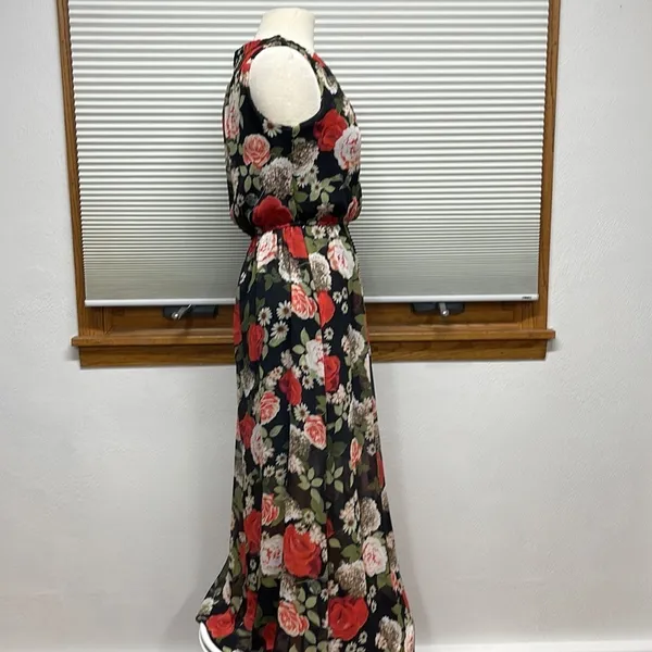 Disney Beauty And The Beast Black Red Rose Floral Sleeveless Maxi Dress Size S - Image 7