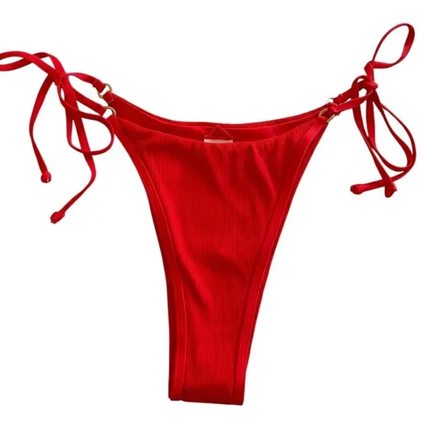 L*Space Red Ribbed Side Tie‎ Bikini Bottoms Gold Ring Hardware Small - Image 2