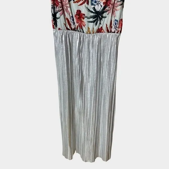 Zara Trafaluc Tropical Floral Silver Metallic Pleated Midi Dress Medium‎ Summer - Image 6