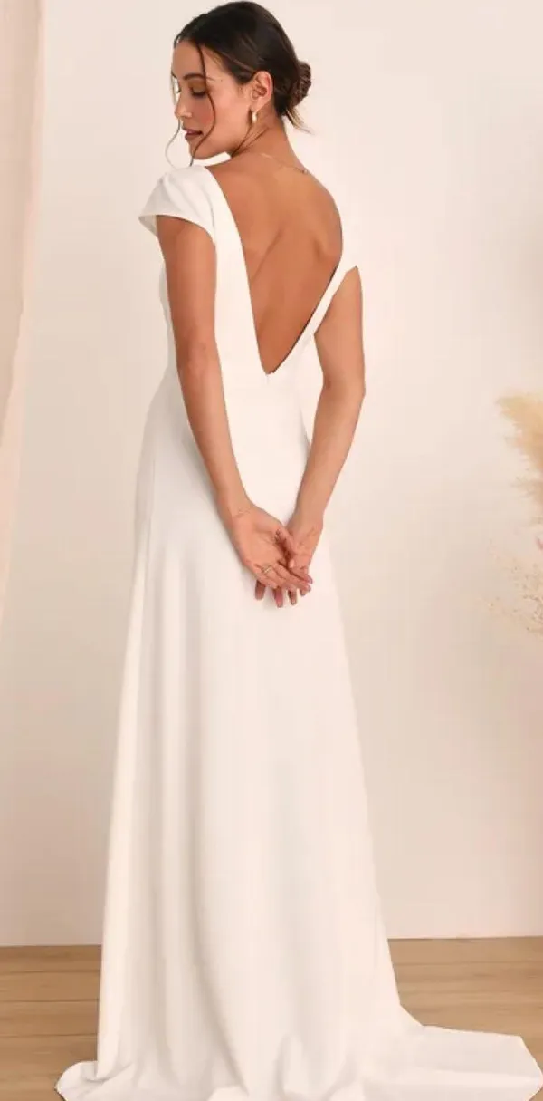 Lulus White Cap Sleeve Wedding Dress with Low Back - Image 3
