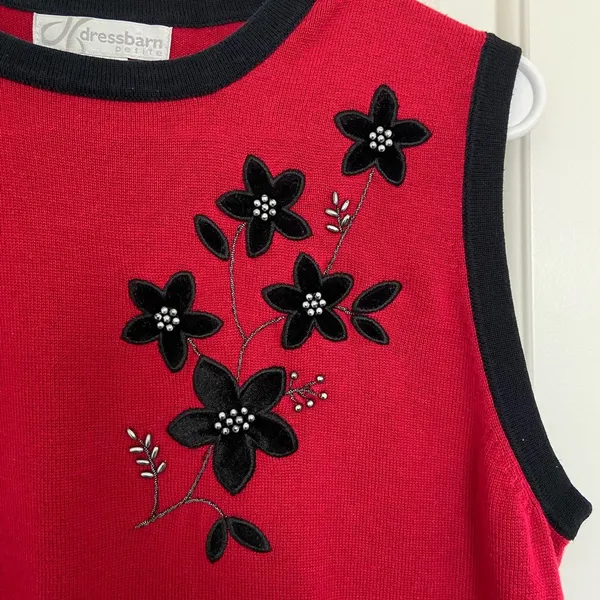 EUC | Dress Barn women’s red‎ black floral beaded sweater vest — petite medium - Image 2