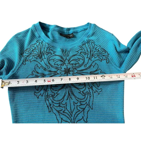 VTG Y2K Athleta Blue Waffle Longer Arm Black Flower Grunge 2000s Top S - Image 10